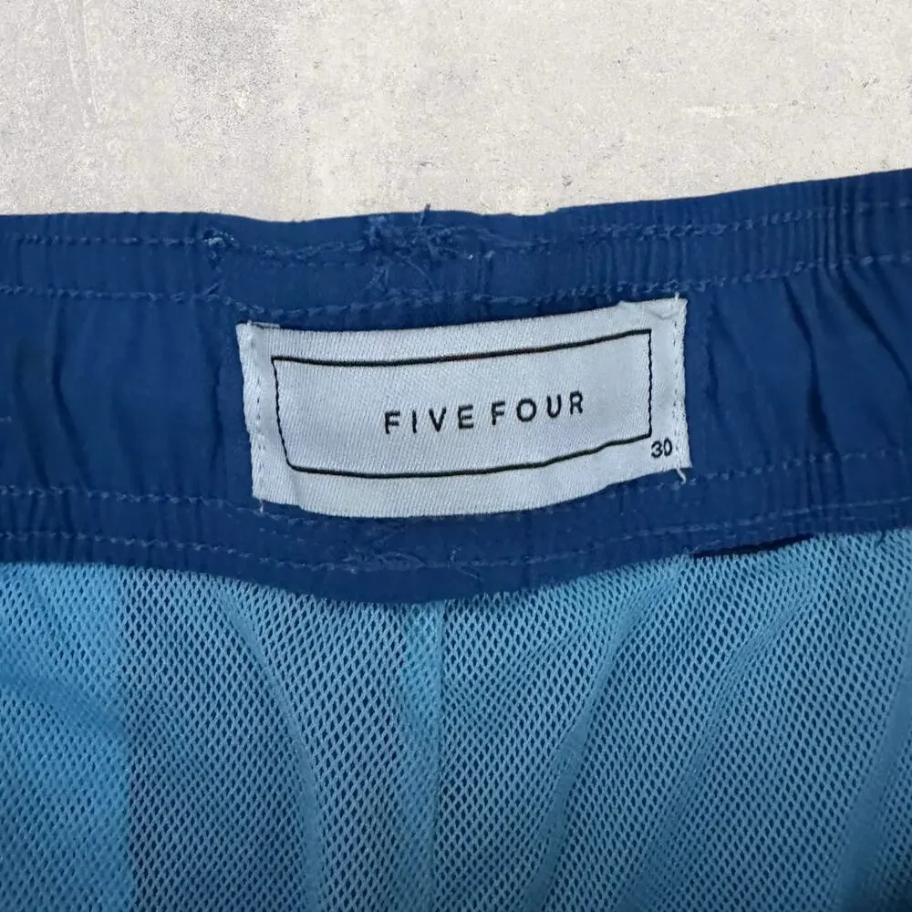 Vintage Five Four Men’s Blue Swim Shorts with Red Stripes Sz: 30